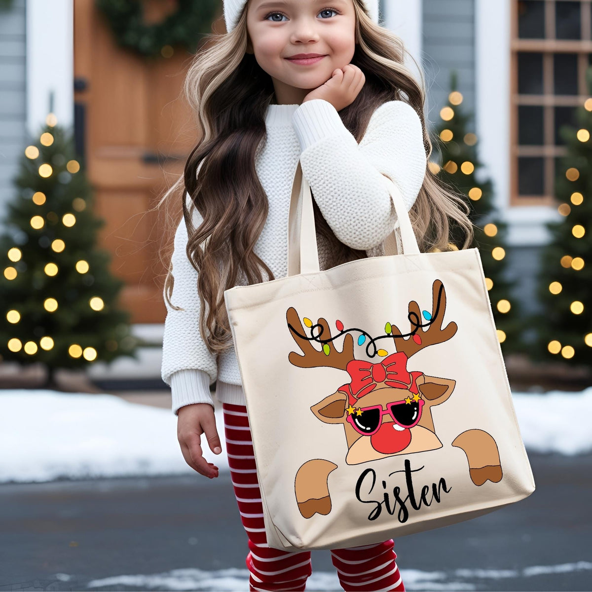 Reindeer Family Christmas Tote Bag, Personalized Christmas Canvas Bag, Custom Christmas Bag, Matching Xmas Party Tote Bags, Christmas Gift