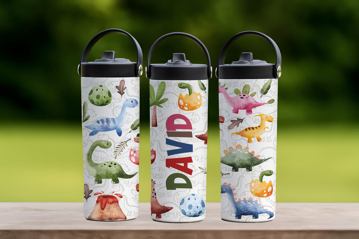 Custom Name Cute Dinosaurs Design Tumbler With Straw, BPA Free Kids Water Bottle