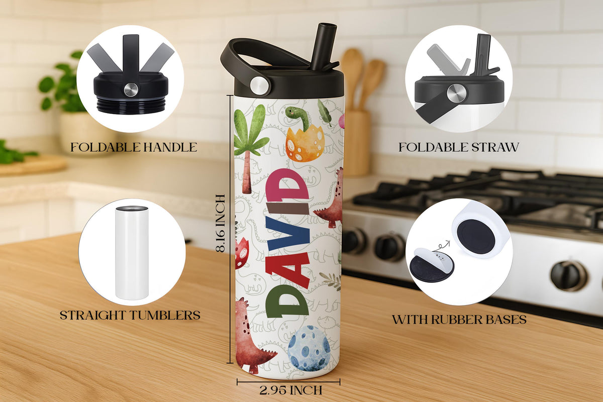 Custom Name Cute Dinosaurs Design Tumbler With Straw, BPA Free Kids Water Bottle