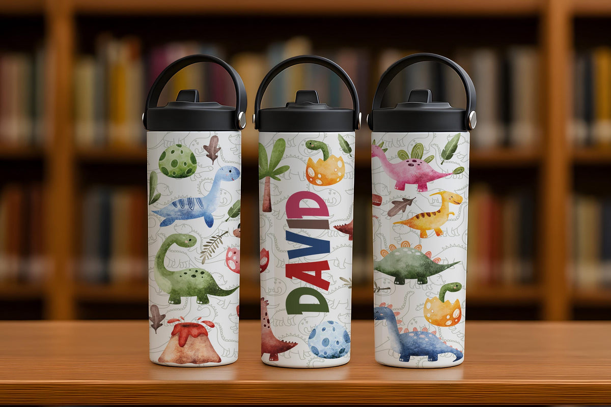 Custom Name Cute Dinosaurs Design Tumbler With Straw, BPA Free Kids Water Bottle