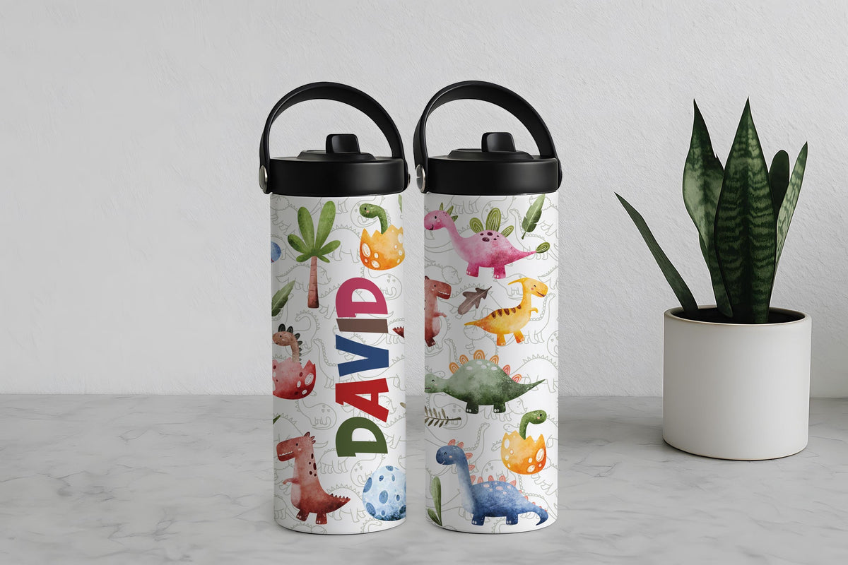 Custom Name Cute Dinosaurs Design Tumbler With Straw, BPA Free Kids Water Bottle