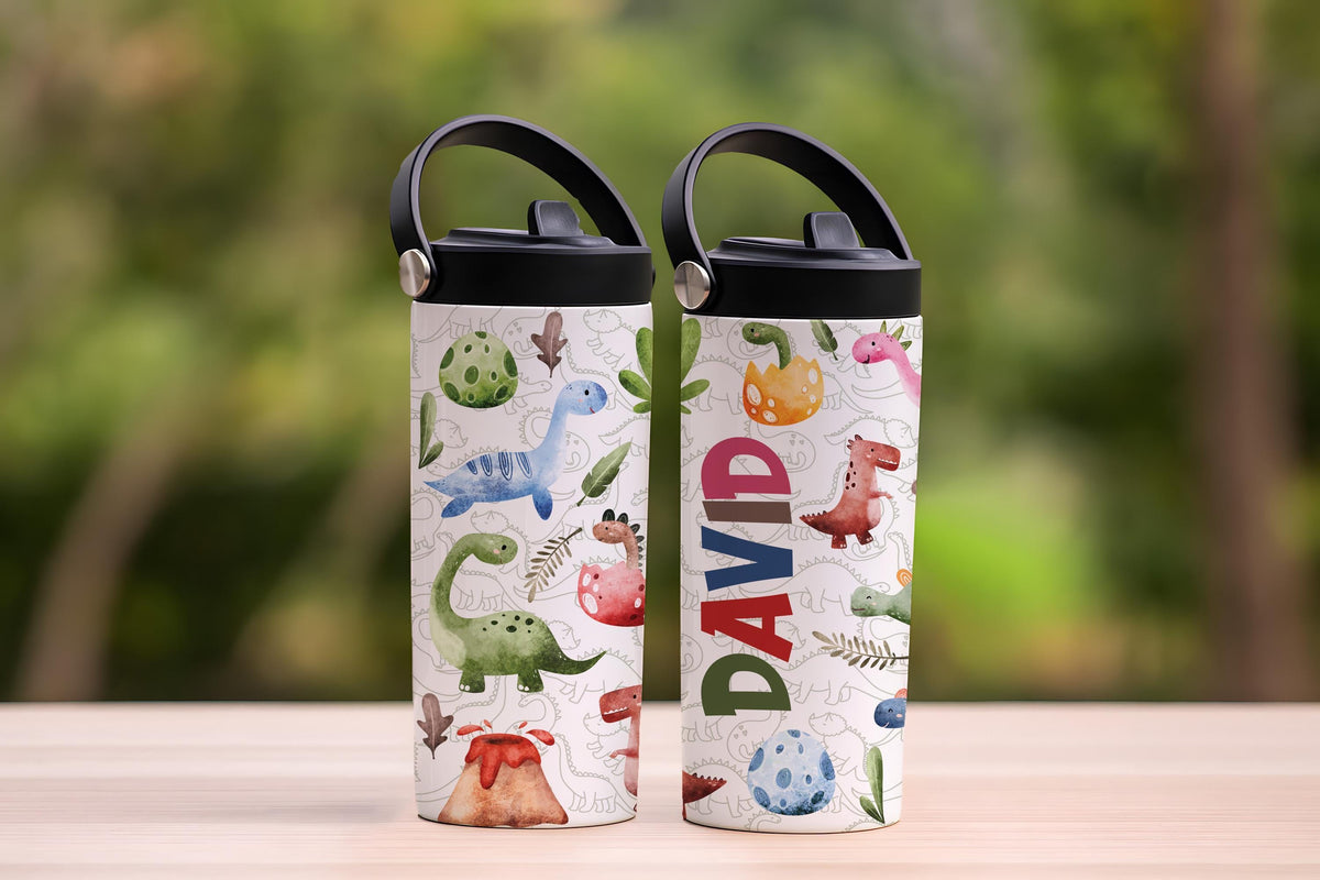 Custom Name Cute Dinosaurs Design Tumbler With Straw, BPA Free Kids Water Bottle