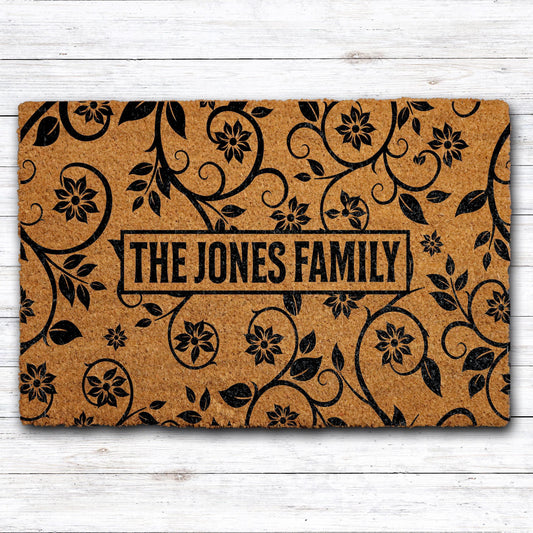 Personalized Family Doormat, Floral Welcome Mat, Custom Family Name Door Mat