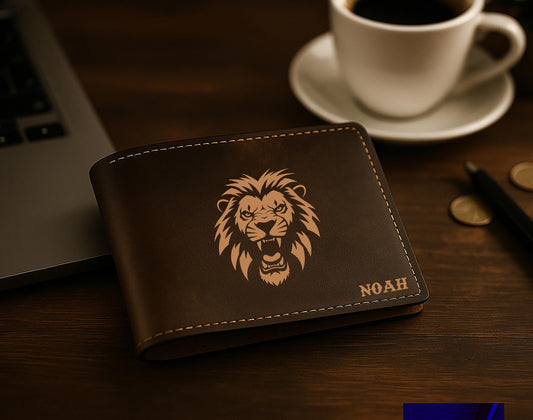 Personalized Lion Vegan Leather Wallet, Custom Engraved Gift for Men