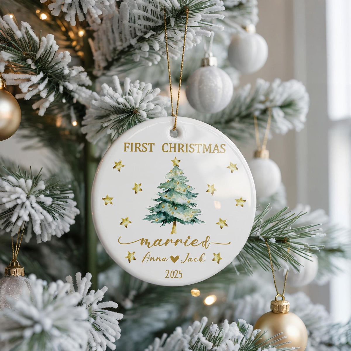 Personalized First Christmas Married Ceramic Ornament, Newlywed Keepsake