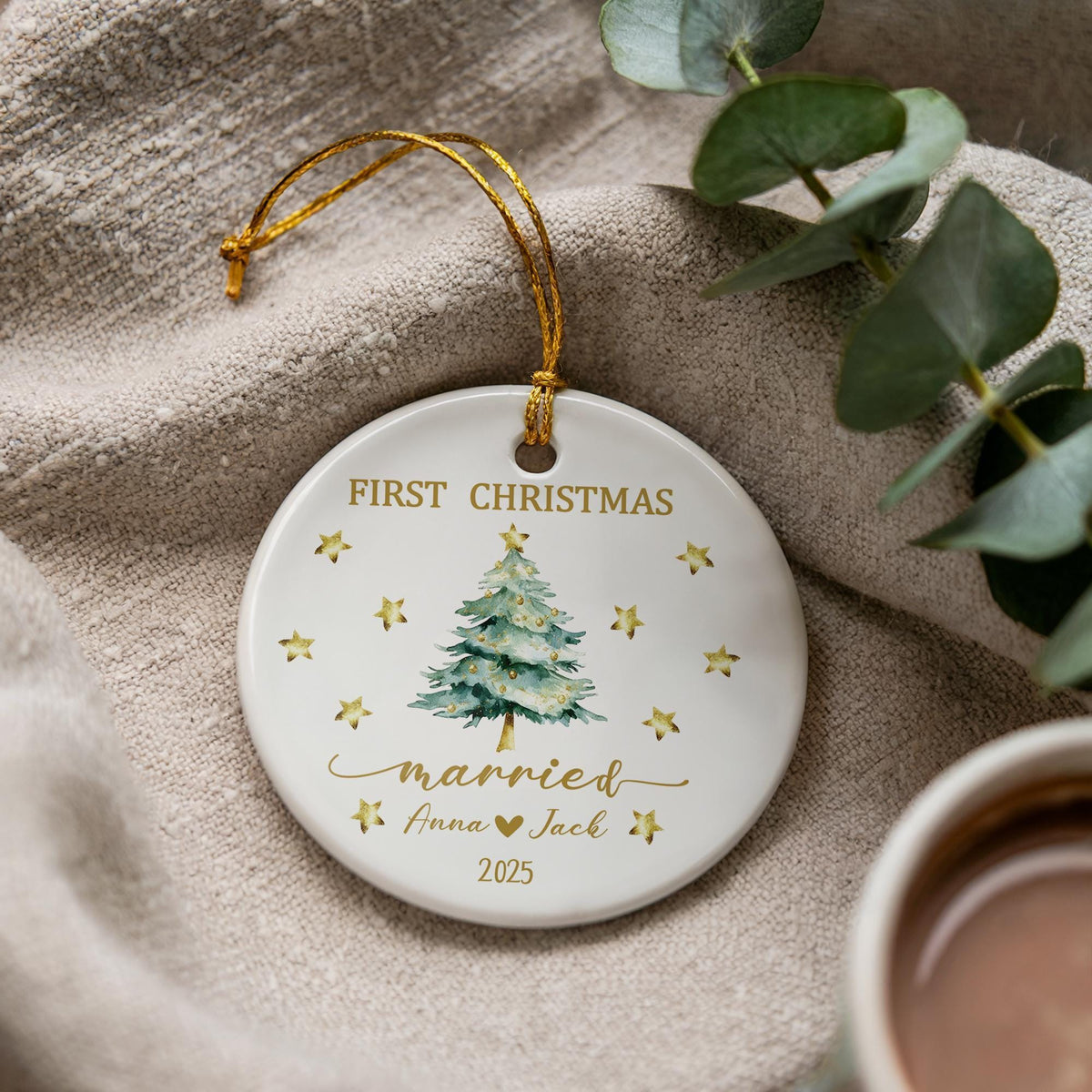 Personalized First Christmas Married Ceramic Ornament, Newlywed Keepsake