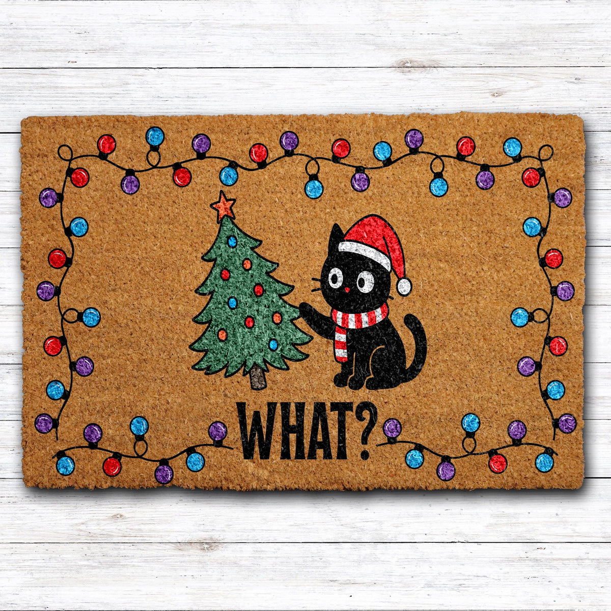 Funny Black Cat Christmas Doormat, Xmas Tree Welcome Mat, Holiday Lights Home Decor