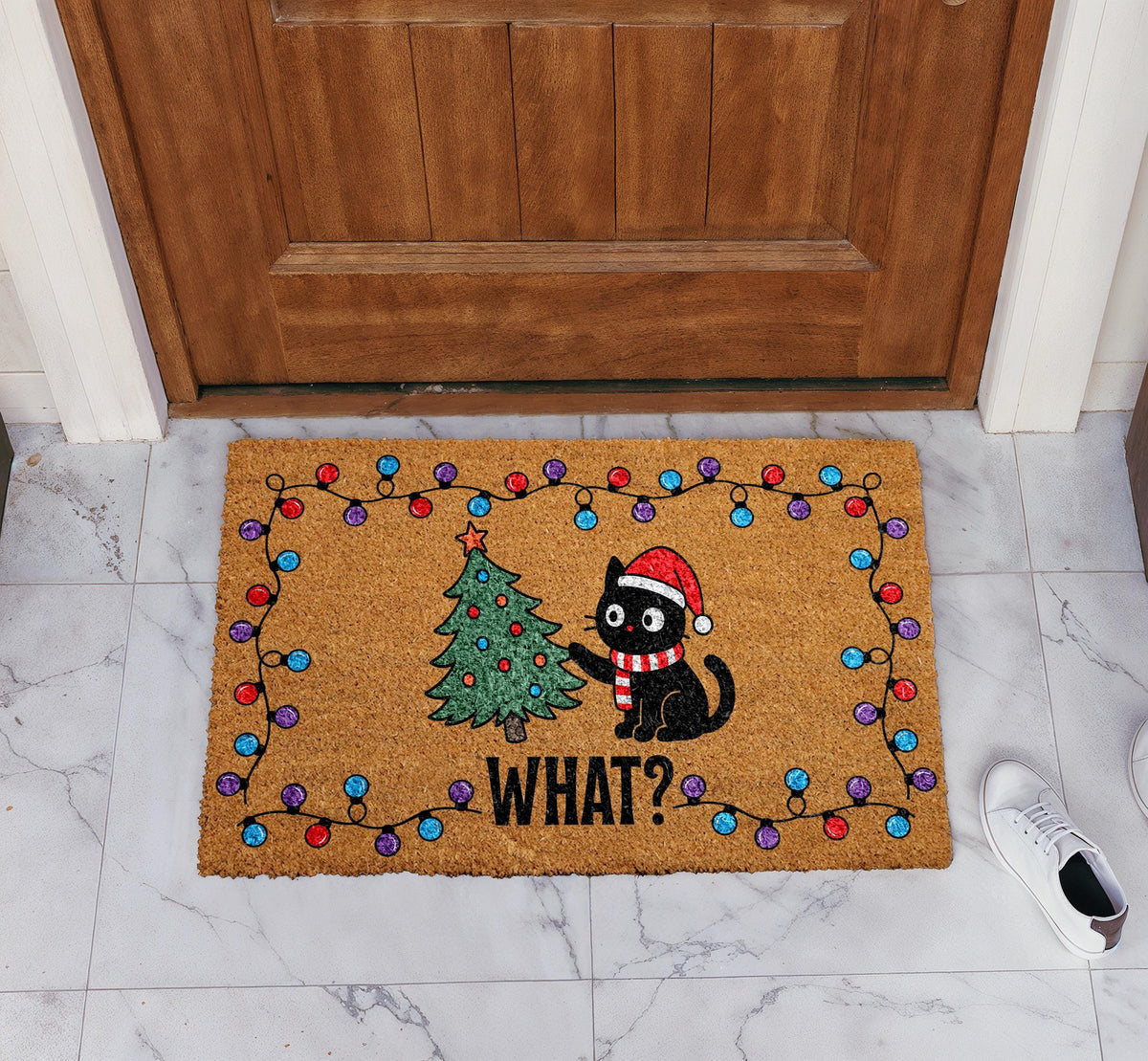 Funny Black Cat Christmas Doormat, Xmas Tree Welcome Mat, Holiday Lights Home Decor