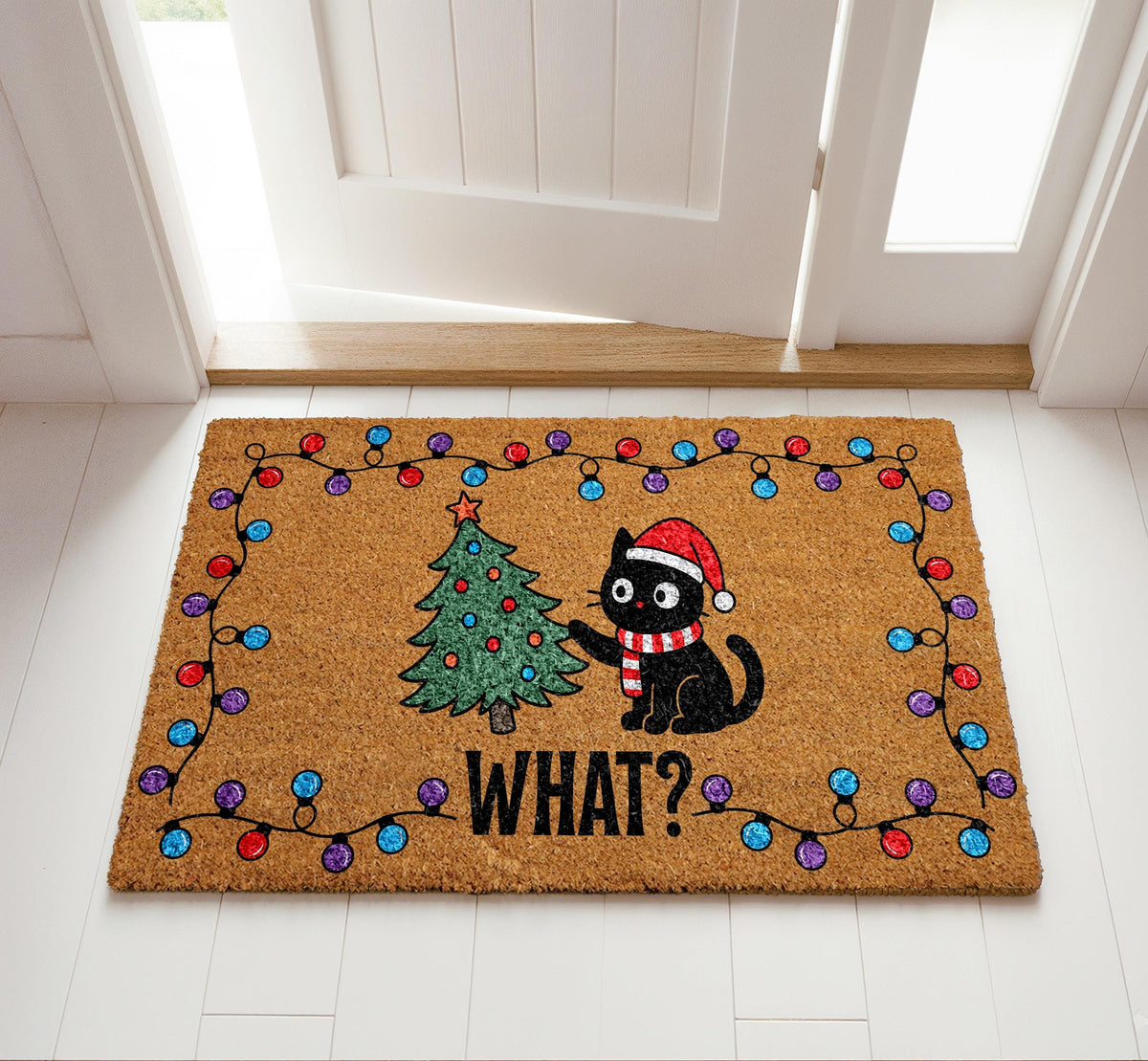 Funny Black Cat Christmas Doormat, Xmas Tree Welcome Mat, Holiday Lights Home Decor