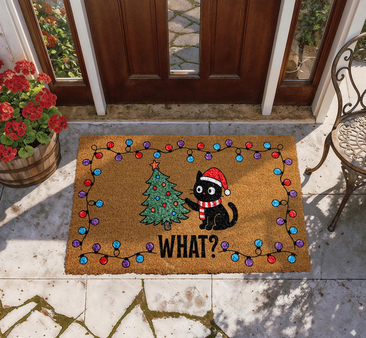 Funny Black Cat Christmas Doormat, Xmas Tree Welcome Mat, Holiday Lights Home Decor