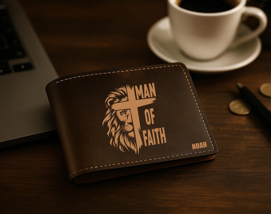 Personalized Christian Men's Wallet, Man of Faith Lion Cross Engraved Gift