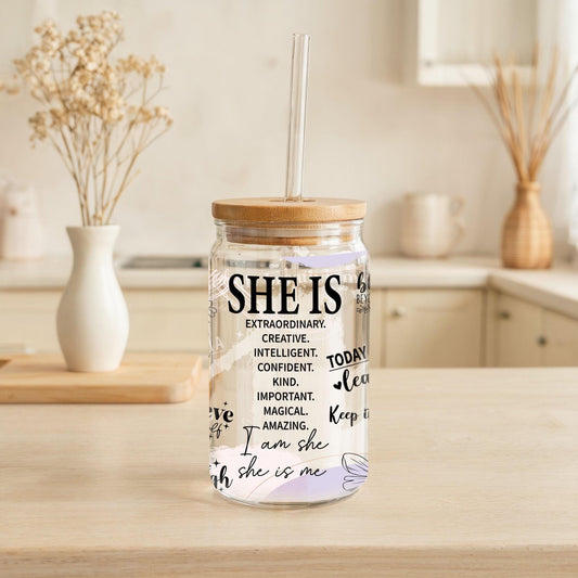 She Is Adjectives Sipper Glass Cup, Self Motivation Can Glass Tumbler