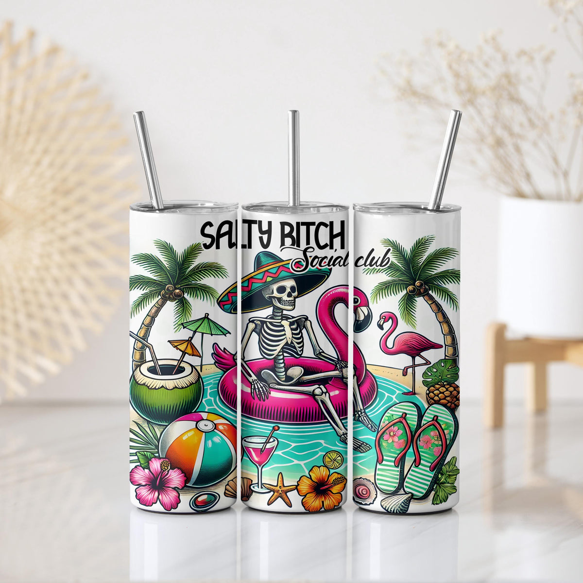 Salty Bitch Social Club Tumbler, Funny Beach Skeleton Flamingo Steel Mug