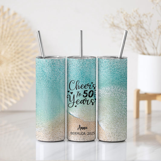 Personalized Beach Themed Insulated Tumblers, Summer Vacation Girls Matching Tumbler With Straw
