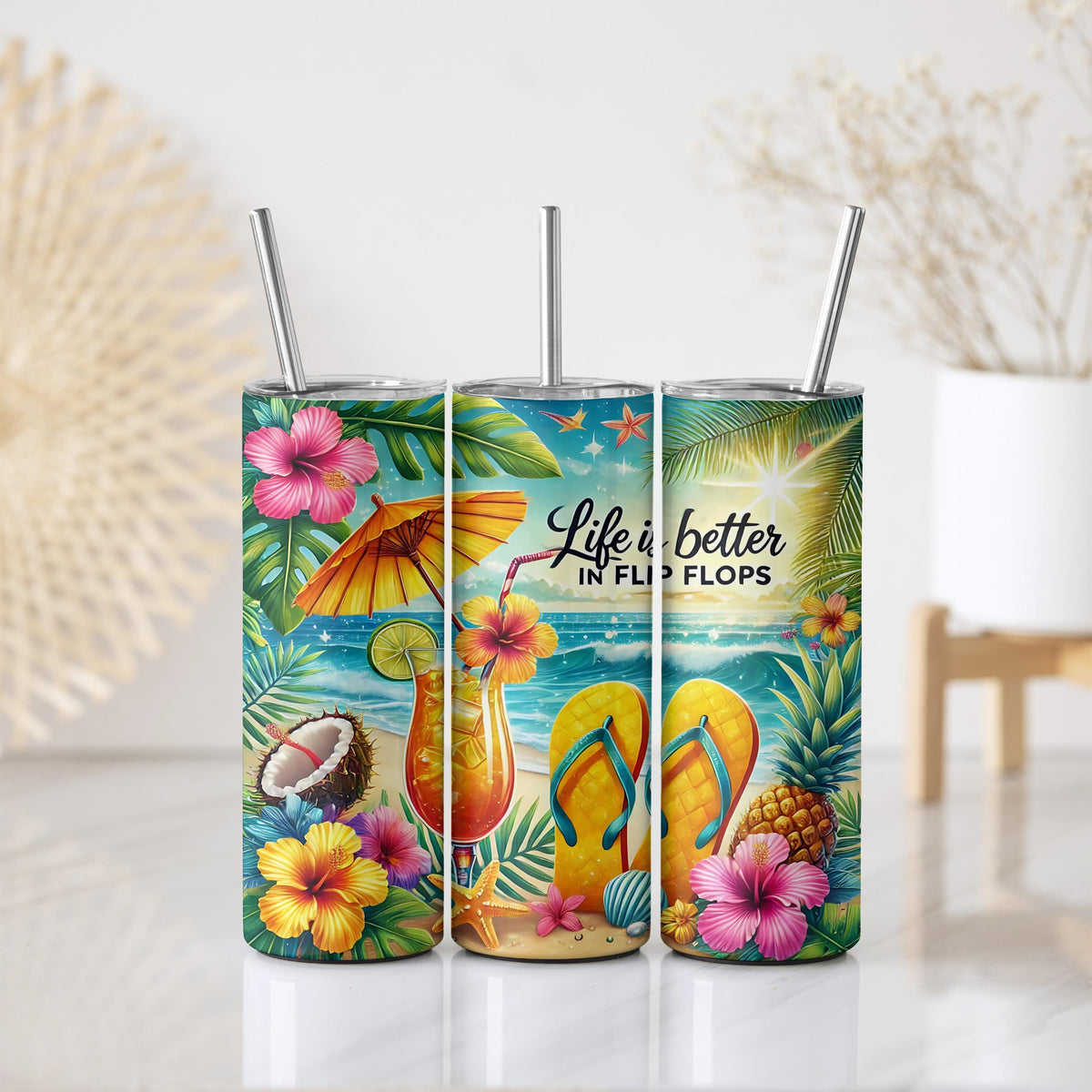 Life Is Better In Flip Flops Tumbler With Straw, Colorful Summer Vacation Insulated Tumbler