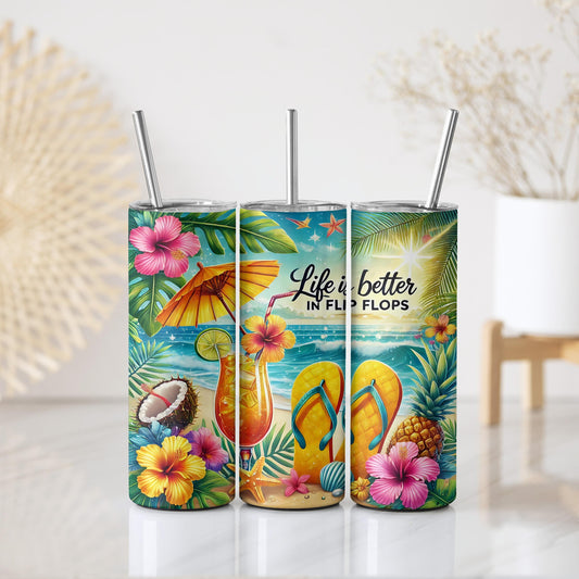 Life Is Better In Flip Flops Tumbler With Straw, Colorful Summer Vacation Insulated Tumbler