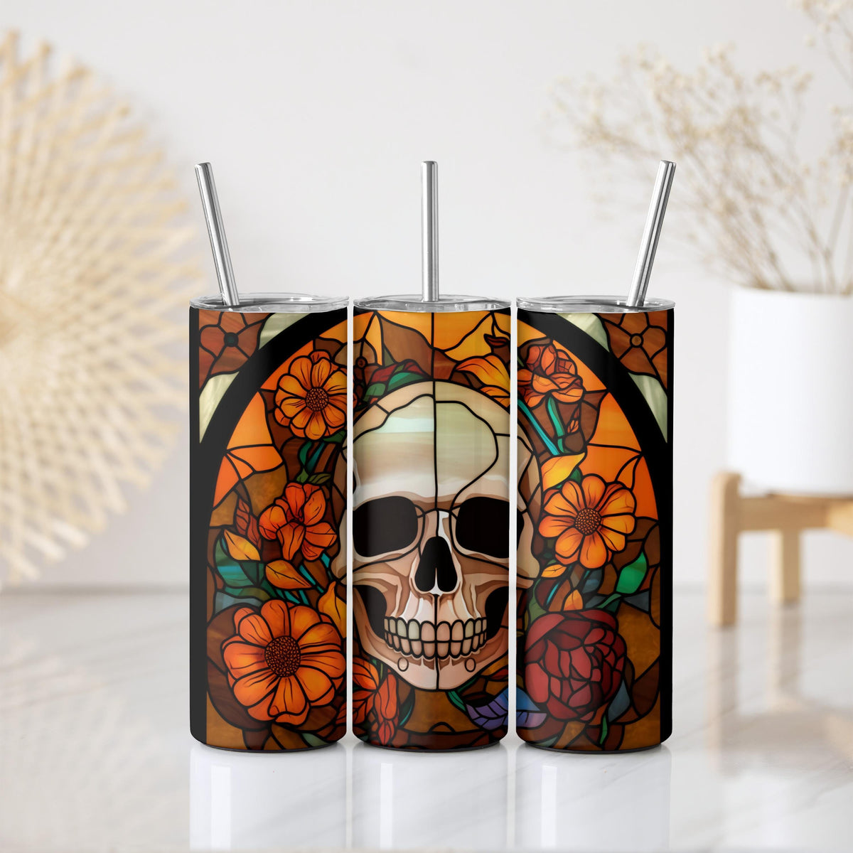 Customizable Stained Glass Skull Insulated Tumbler, Colorful Matching Halloween Tumblers