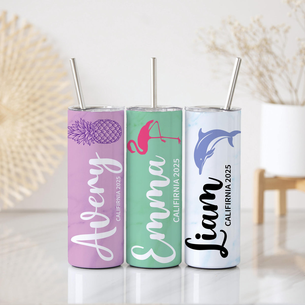 Customizable Summer Vibes Tumbler With Straw, Colorful Tropical Theme Steel Water Bottle