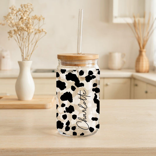 Custom Name Cow Pattern Print Can Glass Tumbler, Farm Animal Lovers Iced Coffee Cup