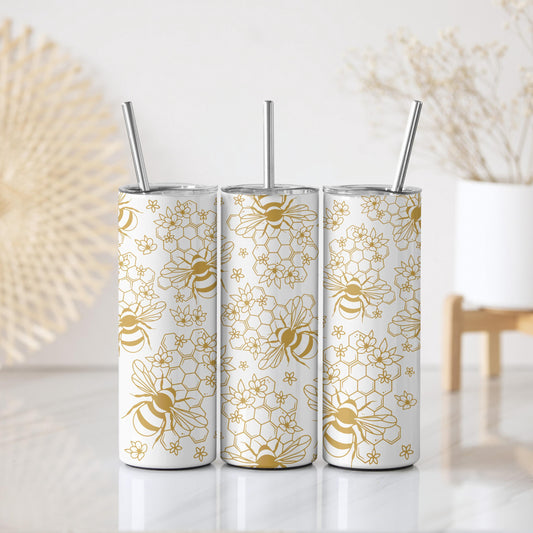 Honey Bee Themed Stainless Steel Tumbler, Honeycomb Pattern Insulated Tumbler