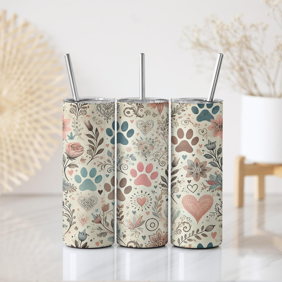 Vintage Design Dog Paw Stainless Steel Tumbler, Retro Dog Lovers Gift Tumbler With Straw