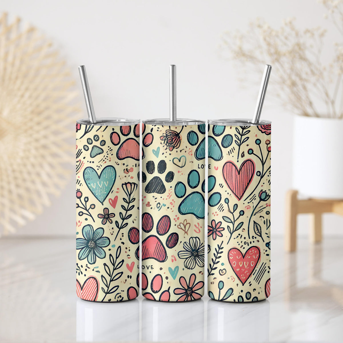 Cute Paw Print Tumbler With Straw, Hand Drawn Paw And Heart Design Insulated Tumbler