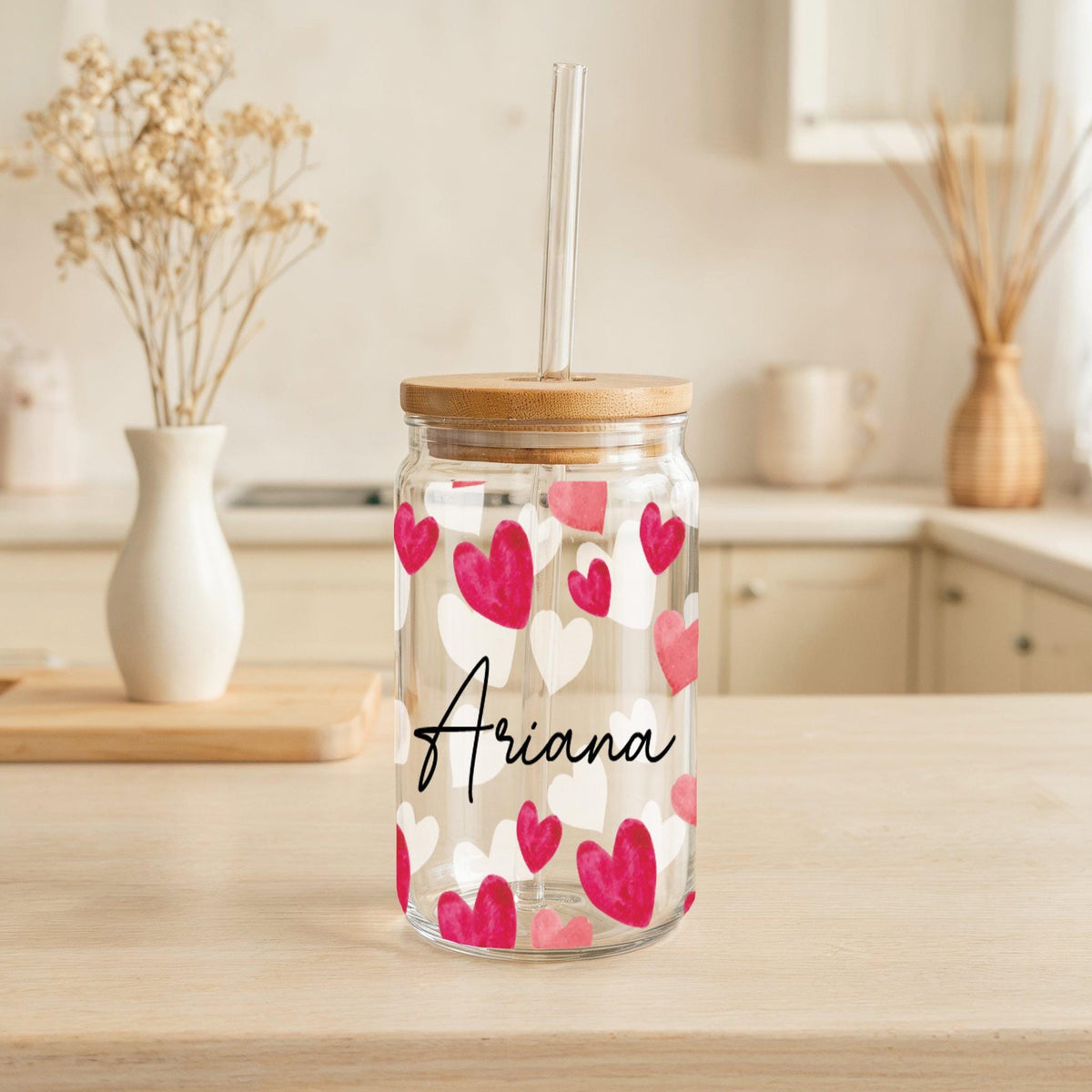 Custom Name Iced Coffee Cup, Hearts Printed Reusable Can Glass