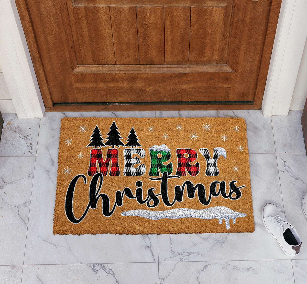 Buffalo Plaid Merry Christmas Doormat, Cute Winter Porch Decor, Holiday Welcome Mat