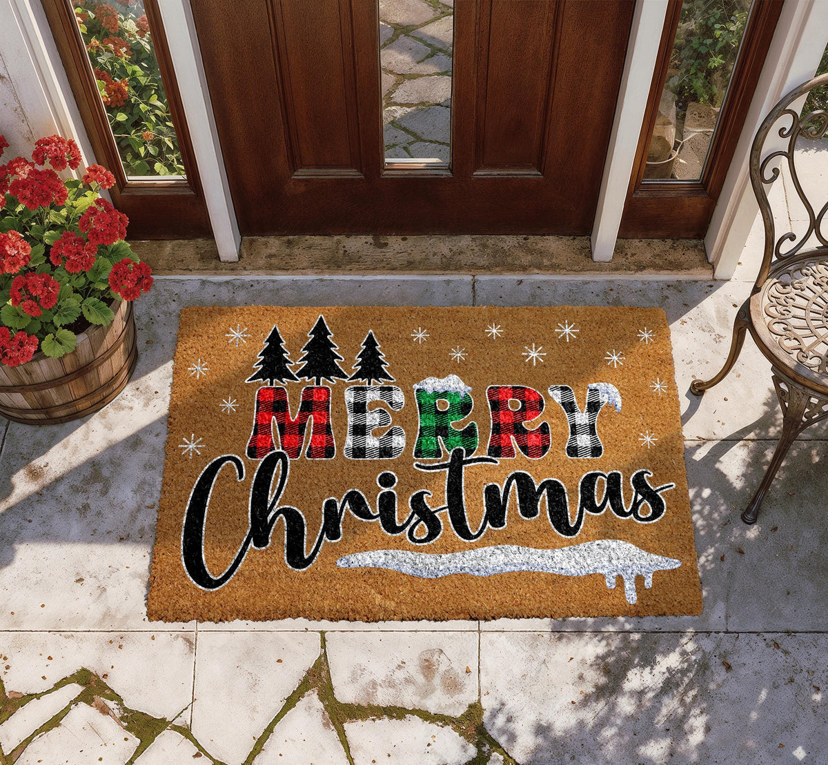 Buffalo Plaid Merry Christmas Doormat, Cute Winter Porch Decor, Holiday Welcome Mat