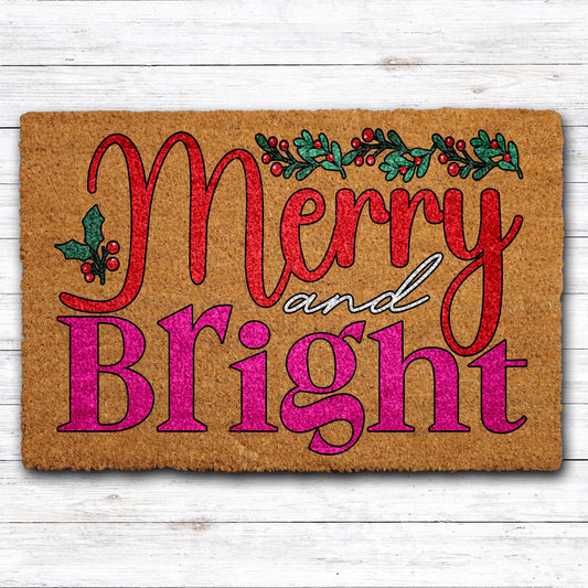 Merry and Bright Doormat, Colorful Christmas Welcome Mat, Holly Berries Holiday Porch Decor