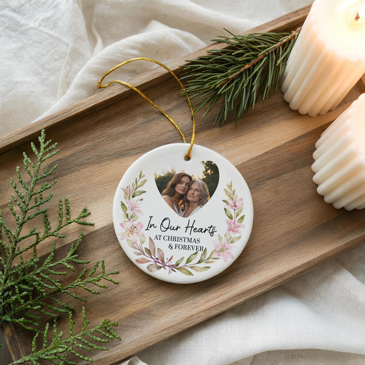 Personalized Memorial Photo Ornament, In Our Hearts Forever Keepsake