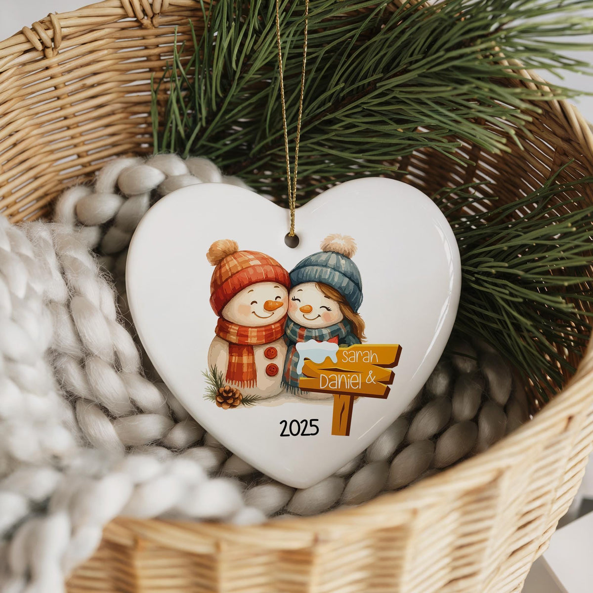 Personalized Ceramic Christmas Ornament, Snowman Couple Keepsake