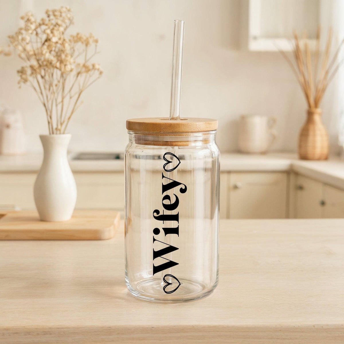 Wifey & Hubby Married Couple Glass Can Mug, Newly Wed Glass Tumbler, Matching Wife Husband Gift