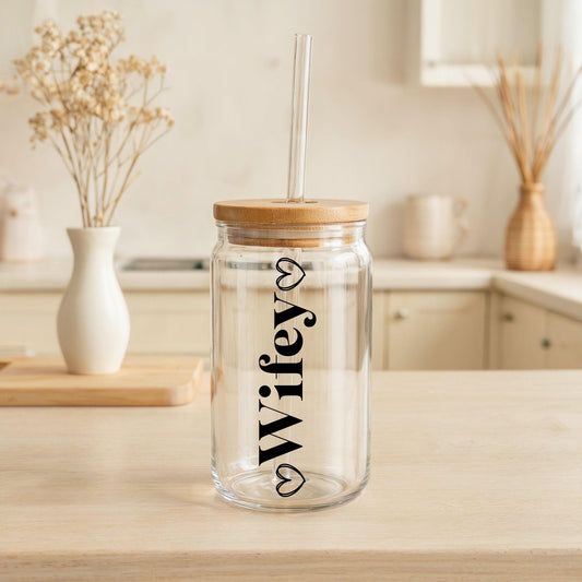 Wifey & Hubby Married Couple Glass Can Mug, Newly Wed Glass Tumbler, Matching Wife Husband Gift