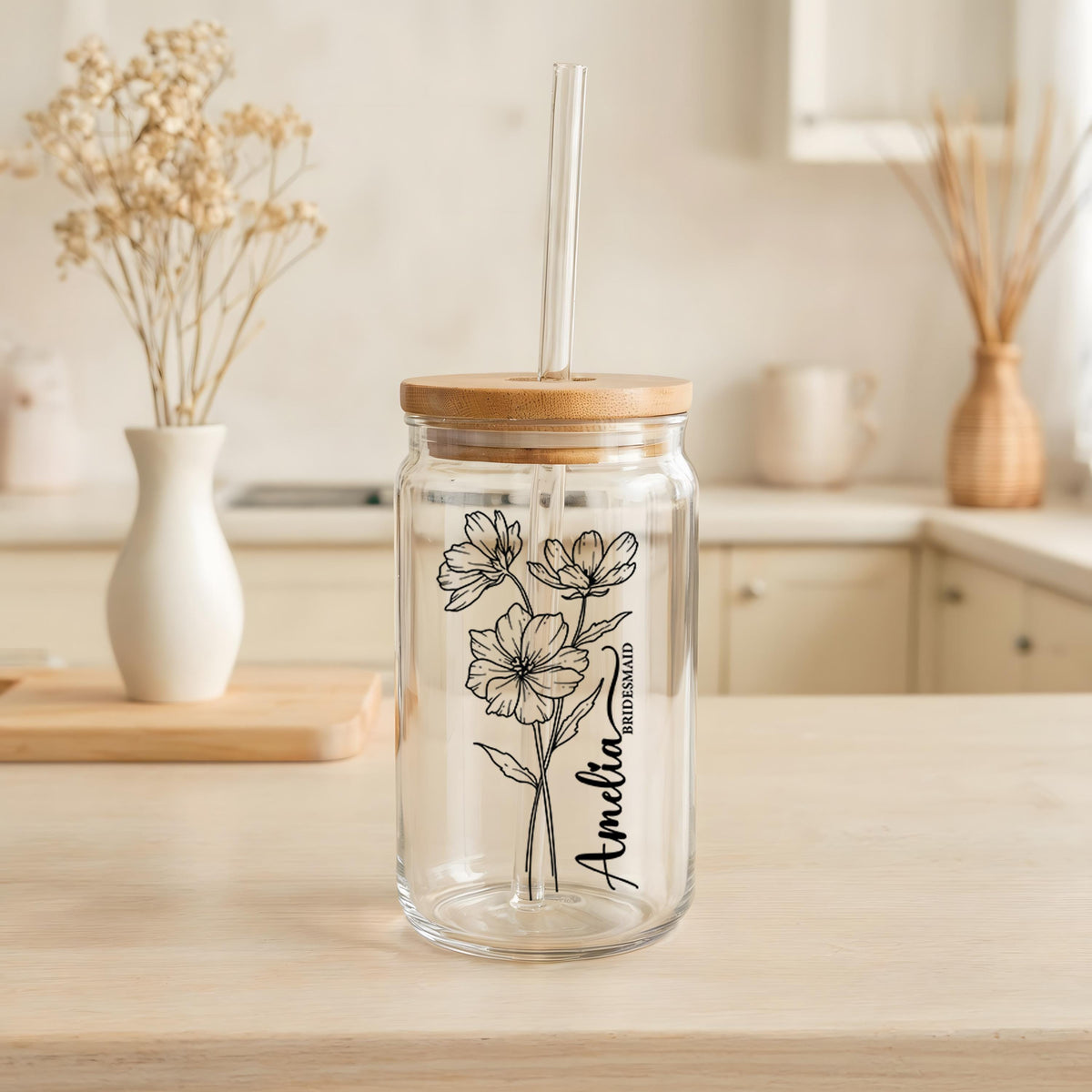 Custom Name Birth Flower Can Glass Tumbler, Floral Bridesmaids Gift
