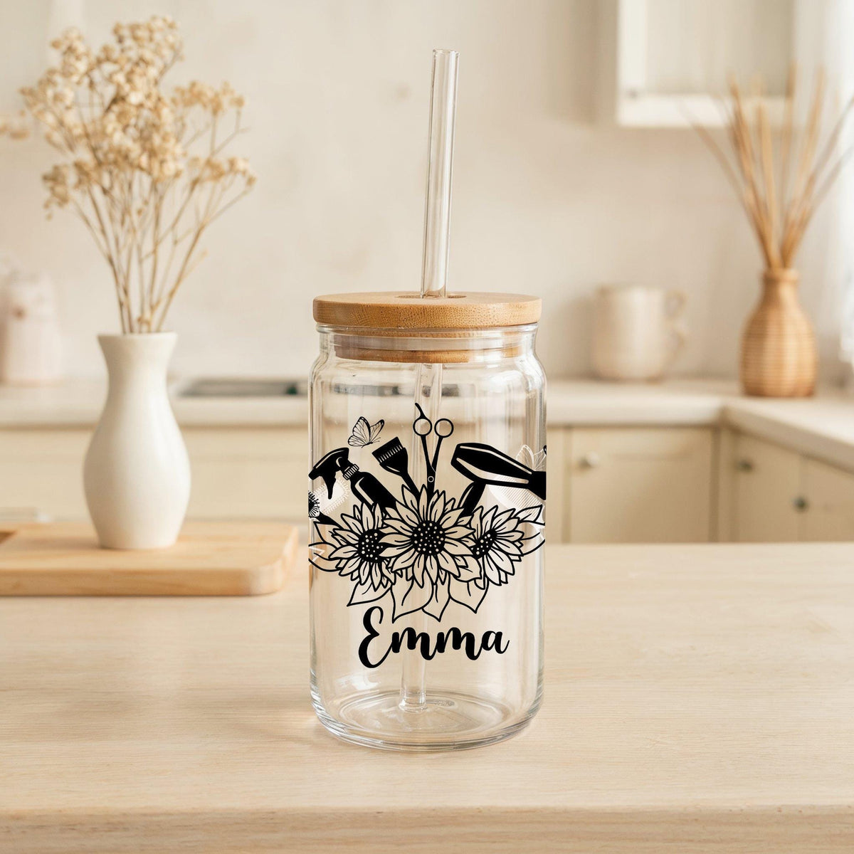 Personalized Hairdresser Can Glass Tumbler, Floral Hair Stylist Iced Coffee Cup