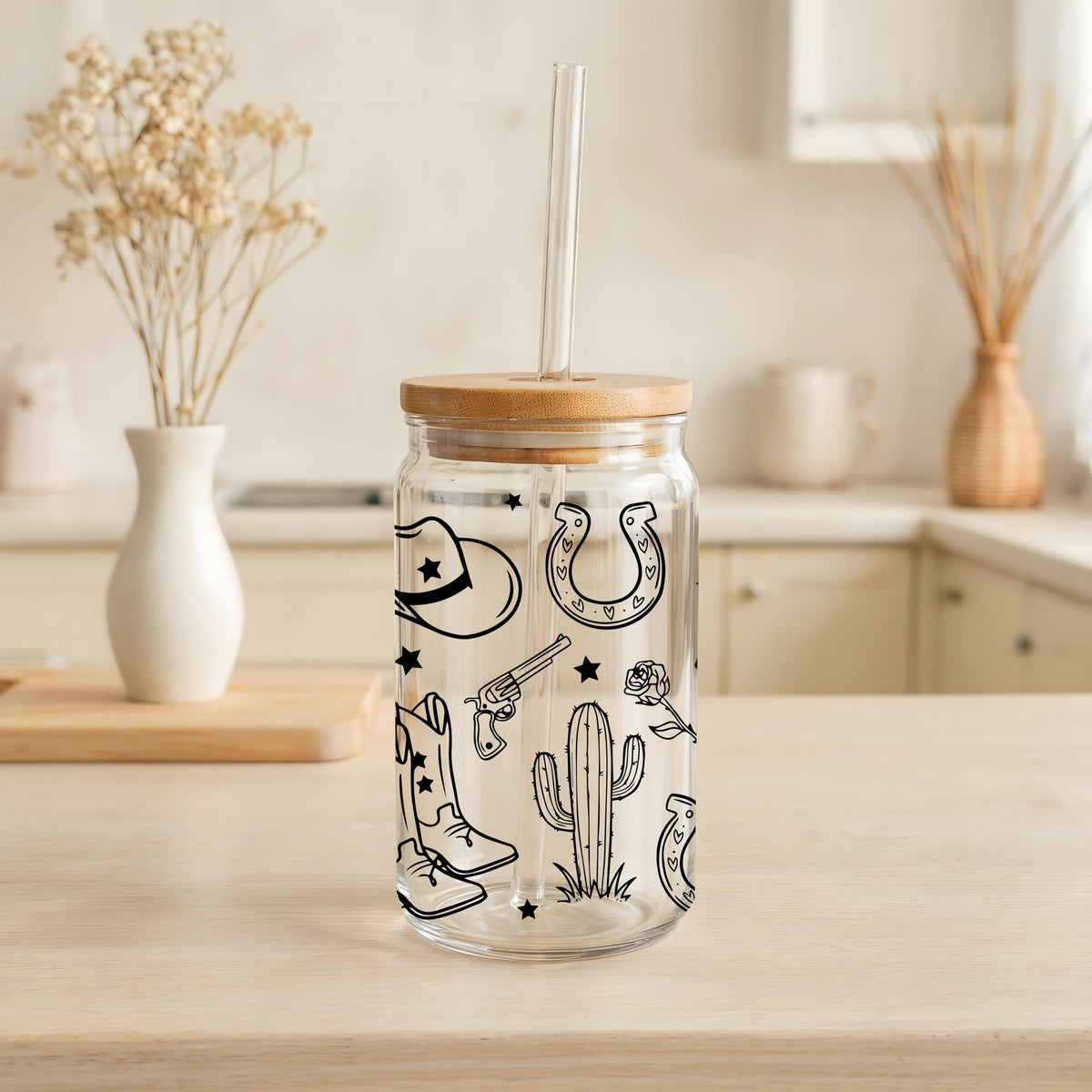 Cowgirl Design Can Glass Tumbler, Vintage Cowboy Boots & Hat Iced Coffee Cup