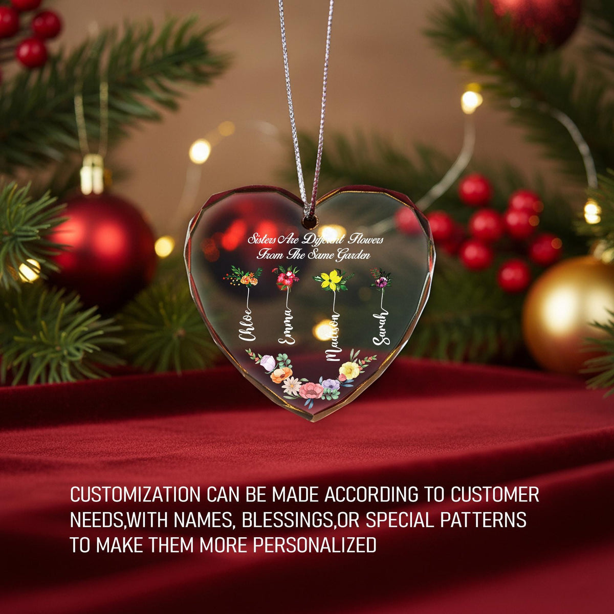 Custom Birth Flower Sisters Crystal Ornament, Personalized Keepsake