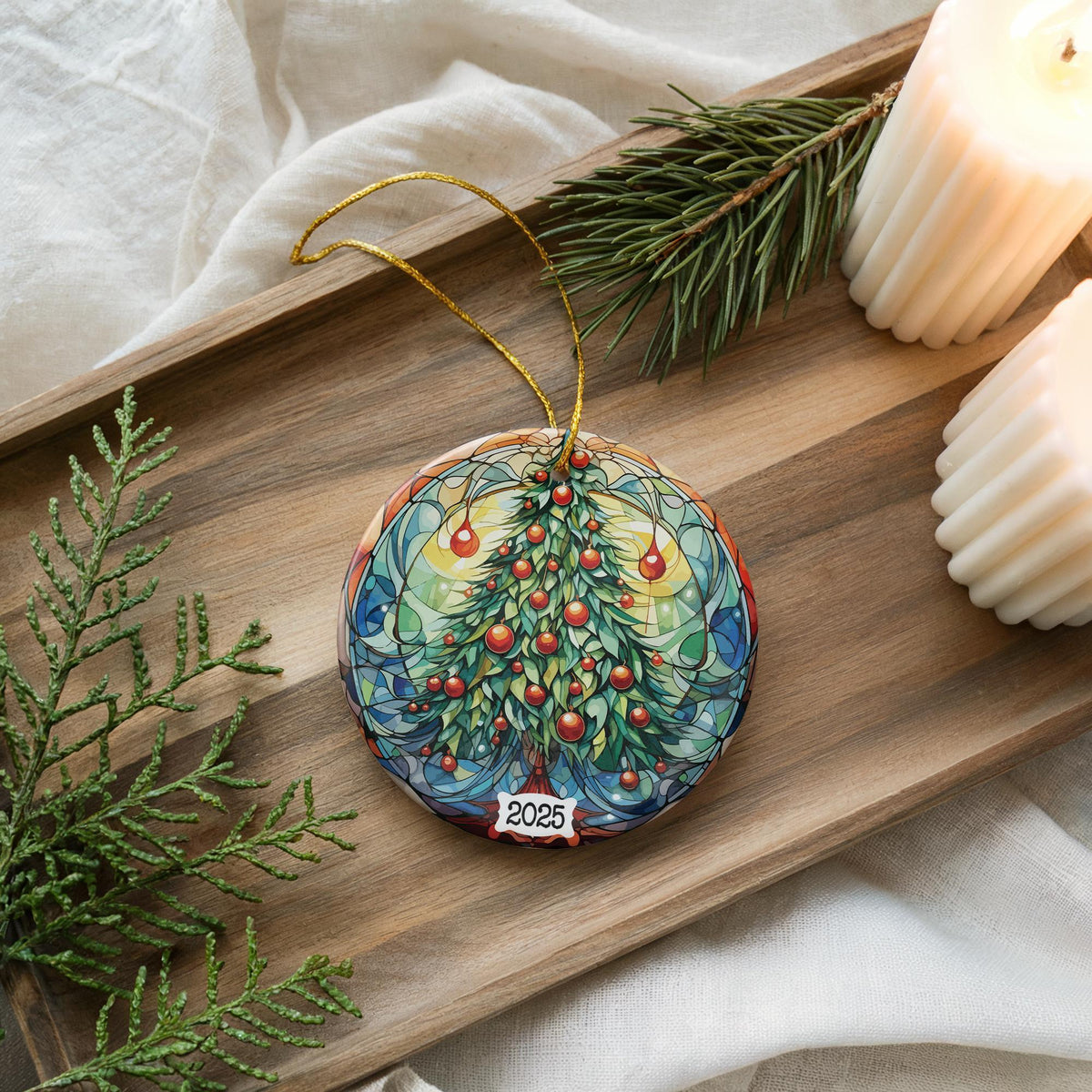 Stained Glass Christmas Tree Ceramic Ornament, Holiday Keepsake