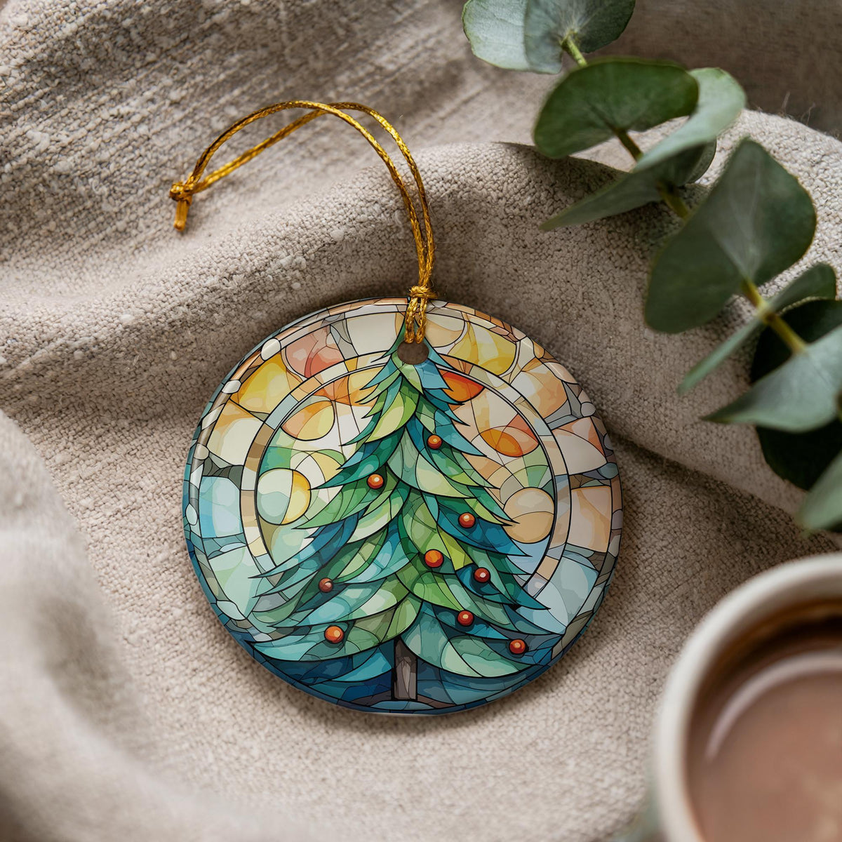 Stained Glass Style Christmas Tree Ceramic Ornament, Holiday Keepsake