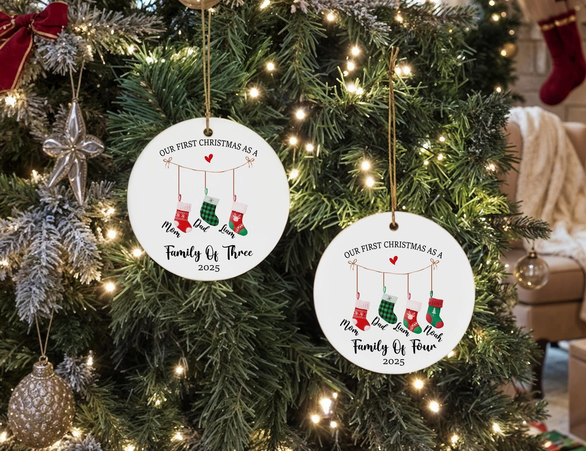 Custom Family of Three Christmas Ornament, Baby's First Christmas Keepsake