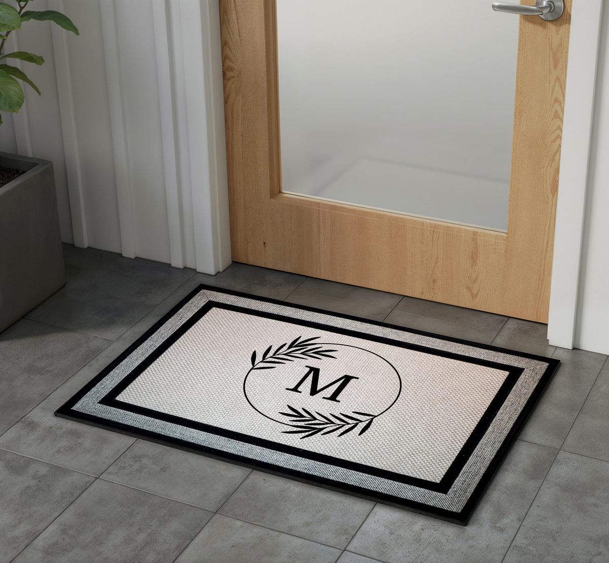 Personalized Monogram Doormat, Custom Initial Welcome Mat, Elegant Door Mat with Botanical Circle Design, Front Porch and Indoor Entry Mat
