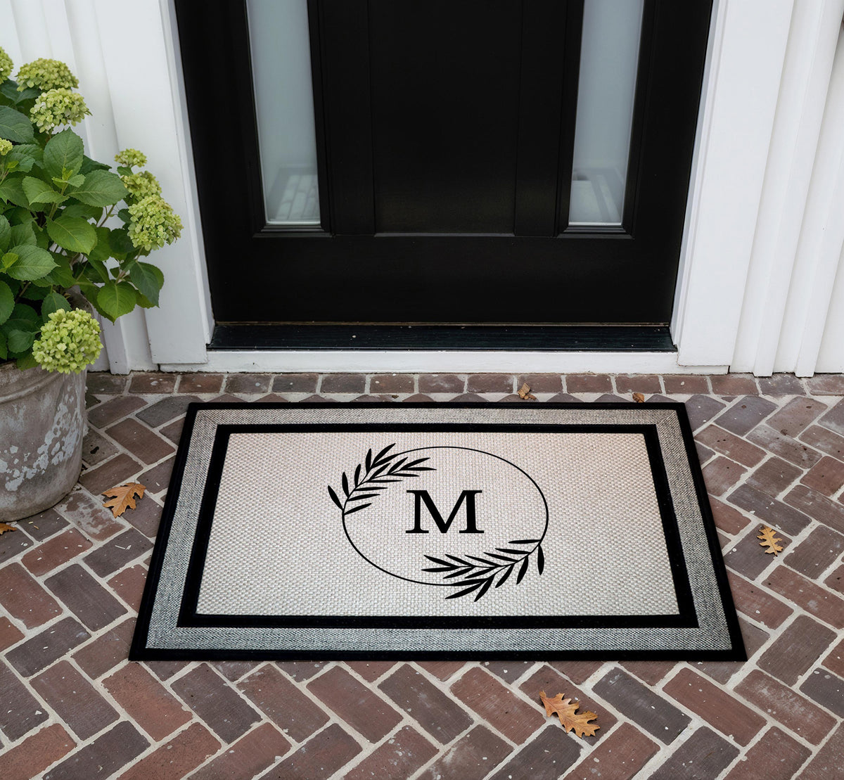Personalized Monogram Doormat, Custom Initial Welcome Mat, Elegant Door Mat with Botanical Circle Design, Front Porch and Indoor Entry Mat