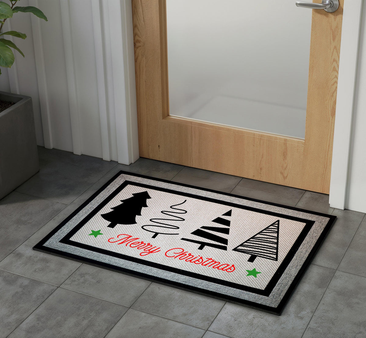 Merry Christmas Doormat, Holiday Welcome Mat, Modern Xmas Tree Designs Door Mat, Outdoor Indoor Seasonal Mat, Festive Winter Entryway Mat