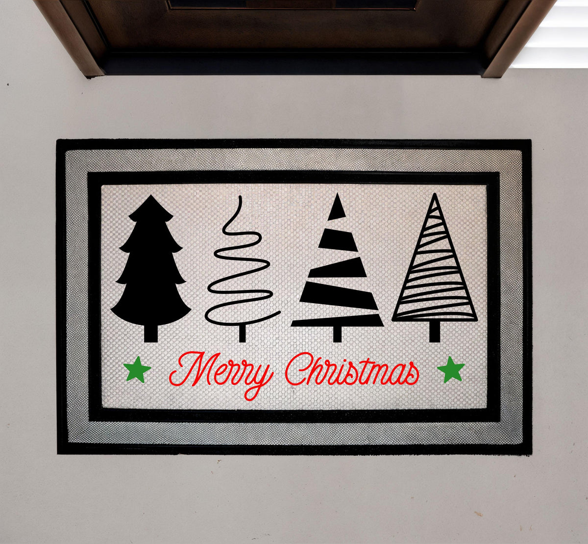 Merry Christmas Doormat, Holiday Welcome Mat, Modern Xmas Tree Designs Door Mat, Outdoor Indoor Seasonal Mat, Festive Winter Entryway Mat
