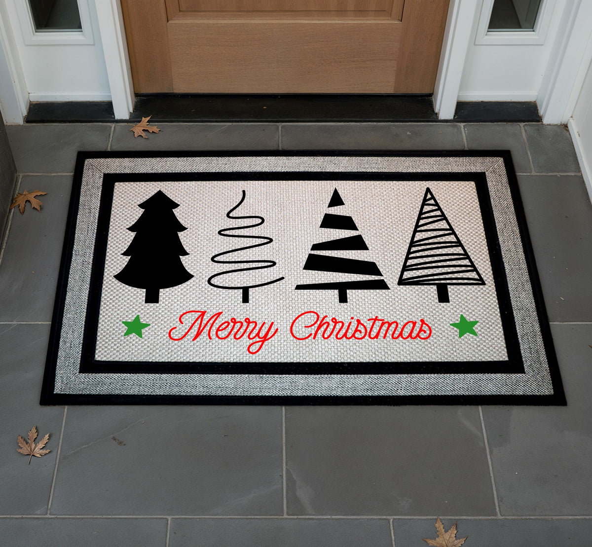 Merry Christmas Doormat, Holiday Welcome Mat, Modern Xmas Tree Designs Door Mat, Outdoor Indoor Seasonal Mat, Festive Winter Entryway Mat
