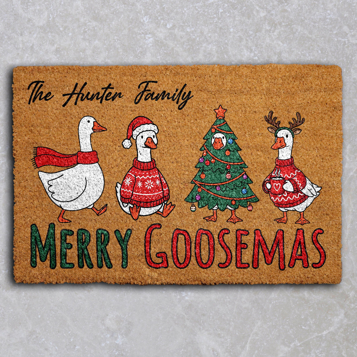 Merry Goosemas Doormat, Personalized Christmas Welcome Mat, Custom Family Name Door Mat