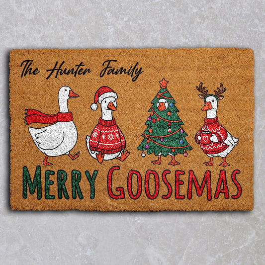 Merry Goosemas Doormat, Personalized Christmas Welcome Mat, Custom Family Name Door Mat