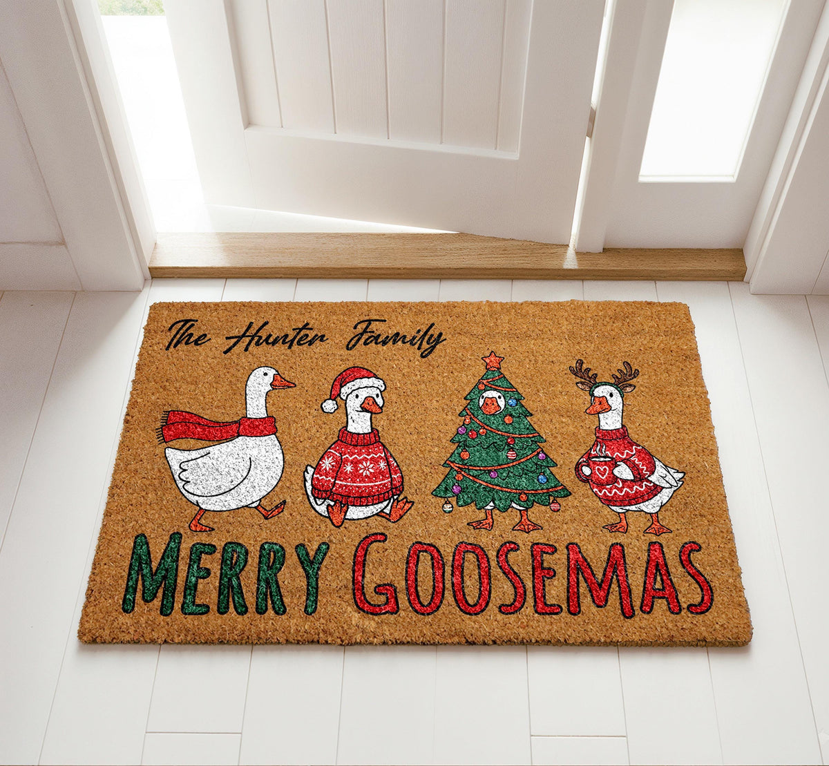 Merry Goosemas Doormat, Personalized Christmas Welcome Mat, Custom Family Name Door Mat