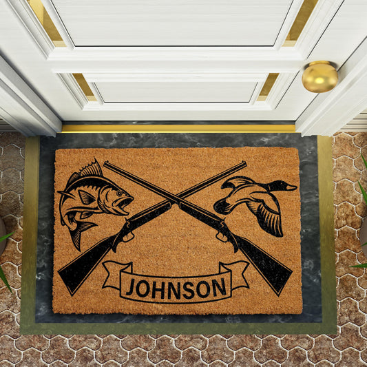 Personalized Fishing and Hunting Doormat, Custom Family Name Welcome Mat